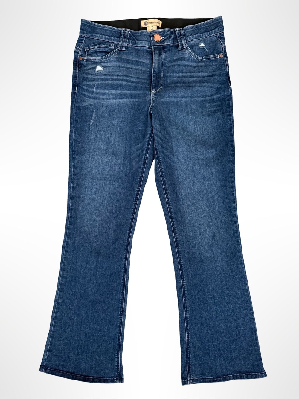 Democracy Women’s Ab Technology Bootcut Jeans Blue Distressed Stretch Rodeo